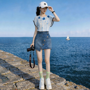 清冷气质休闲套装女夏2026新款时尚条纹淑女雪纺衫半身裙两件套