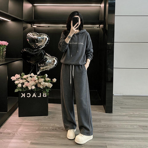 美式慵懒风加厚运动套装女秋季新款时尚炸街连帽卫衣阔腿裤两件套