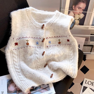 复古针织马甲女手工花朵毛衣坎肩背心圆领叠穿甜美提花马夹百搭潮