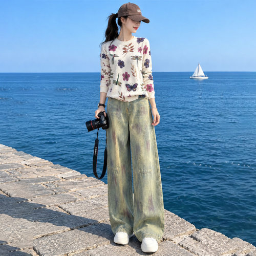 秋季新款时尚百搭套装女气质圆领印花长袖上衣阔腿牛仔裤两件套潮