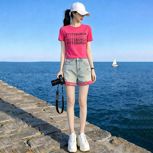 韩版休闲时尚套装夏季新款洋气显瘦百搭字母T恤高腰牛仔短裤套装