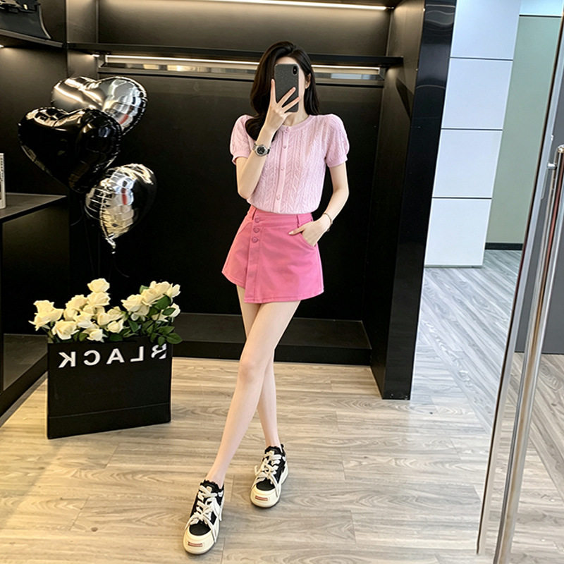韩系温柔风针织开衫上衣牛仔短裙休闲套装女款时尚洋气时髦两件套