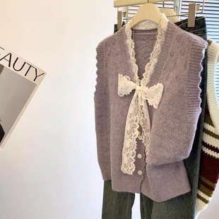 秋冬季 2024新款 外搭叠穿毛衣背心 女款 小香风蕾丝蝴蝶结马甲针织衫
