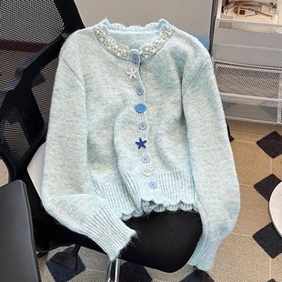 时尚 钉珠圆领长袖 软糯宽松短款 女2025春秋新款 毛衣外套潮 针织开衫