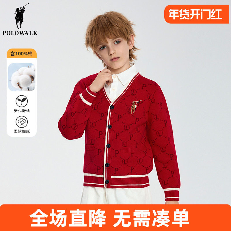 POLOWALK童装 男童假两件红色毛衣秋冬装儿童衬衫领拼接针织衫
