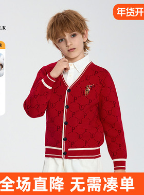 POLOWALK童装 男童假两件红色毛衣秋冬装儿童衬衫领拼接针织衫