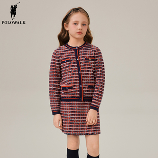 POLOWALK童装女童长袖套装针织衫裙儿童两件套秋冬短裙格子小香风