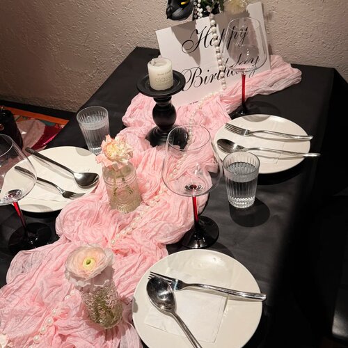 法式轻奢高级餐桌褶皱桌布生日派对桌旗母亲节订婚甜品台装饰桌布