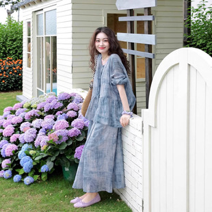 2026春夏款两件套 苎麻印花衬衫上衣吊带连衣裙B0423长裙