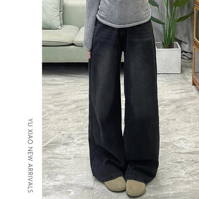 黑灰色阔腿牛仔裤女春季
