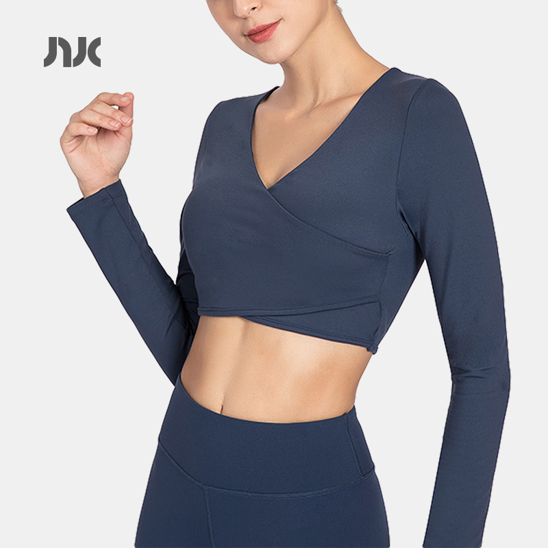 紧身瑜伽服短款露脐长袖运动上衣
