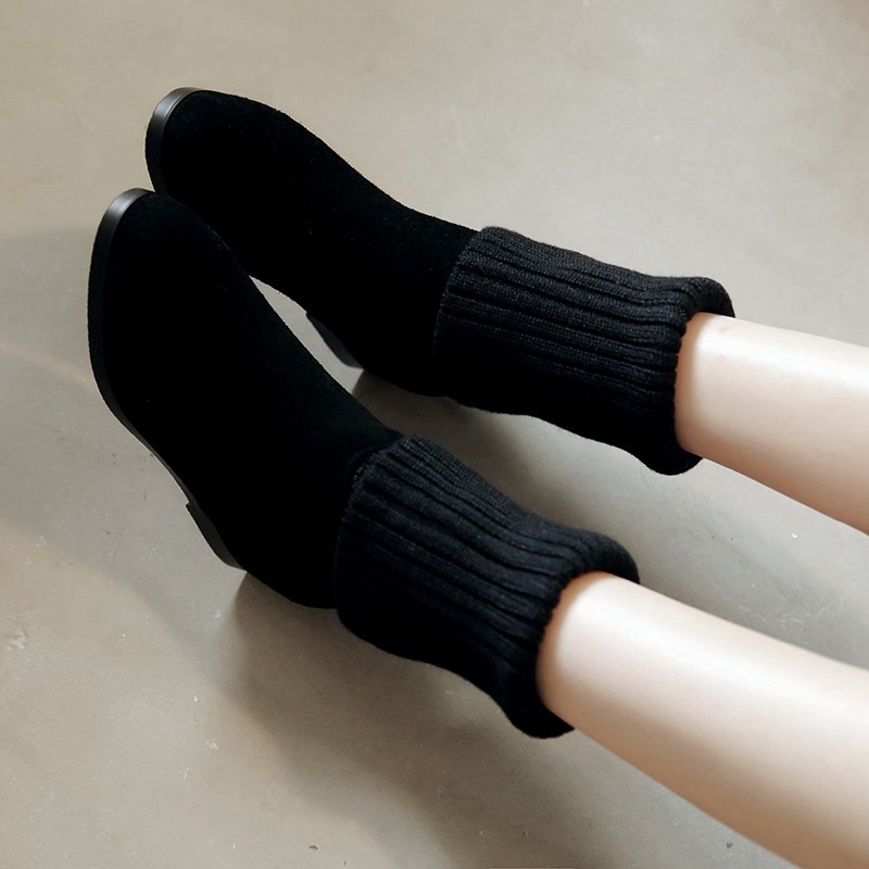 真皮平底加绒两穿磨砂针织短靴子