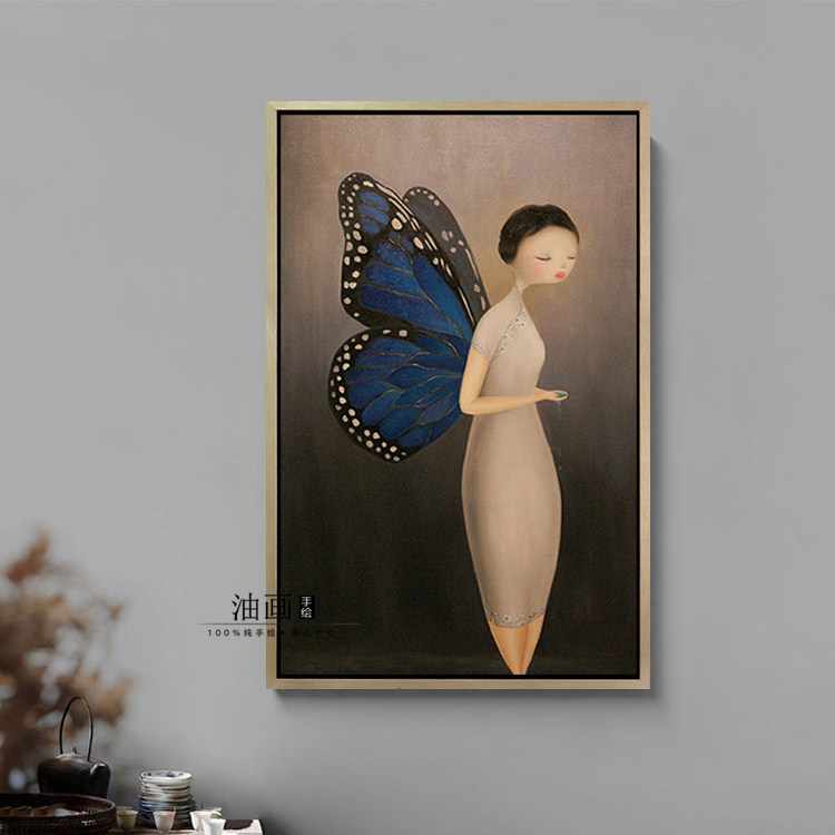 【蝴蝶梦】纯手绘新中式民国风仕女旗袍人物油画样板间装饰壁挂画