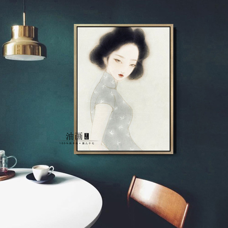 【众里寻他千百度】手绘中式上海旗袍民国风美女人物油画装饰壁画