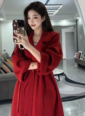 韩系红色双面呢大衣女中长款收腰高级感新年战袍秋冬新款羊毛外套