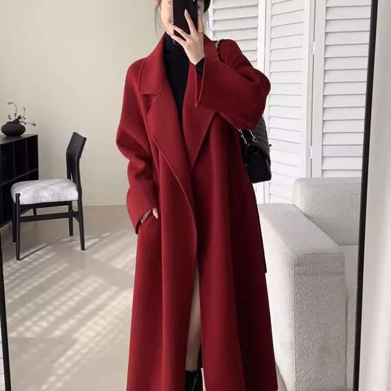 红色双面呢大衣女秋冬中长款