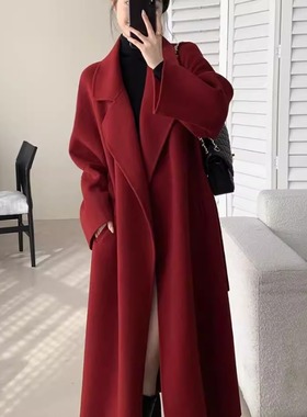 红色双面呢大衣女秋冬中长款高级感超好看新年战袍高级感羊毛外套