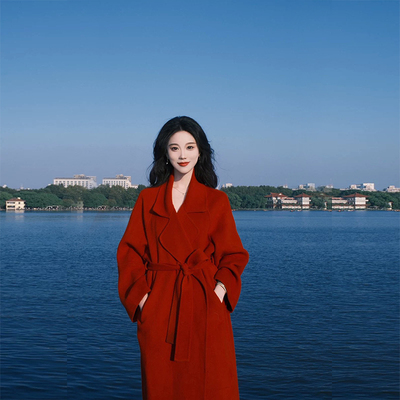 红色敬酒服双面羊绒大衣女中长款秋冬高级感系带收腰翻领羊毛外套