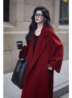 高级感绵羊毛翻领系带收腰圣诞节双面羊毛呢红色大衣女秋冬季新款