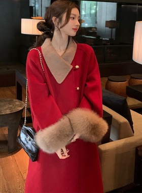 红色双面羊绒大衣女中长款狐狸袖毛千金风气质优雅高级感羊毛外套