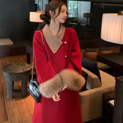 红色双面羊绒大衣中长款毛呢外套