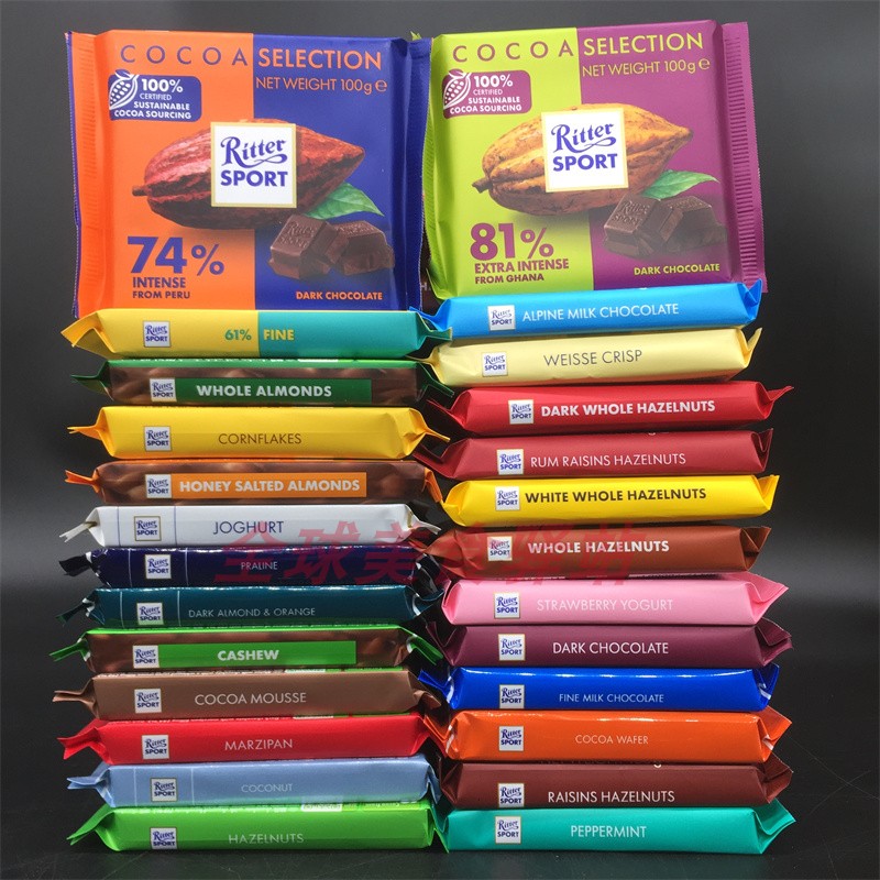 Ritter Sport德国特酷运动可可榛子草莓酸奶扁桃仁夹心牛奶巧克力