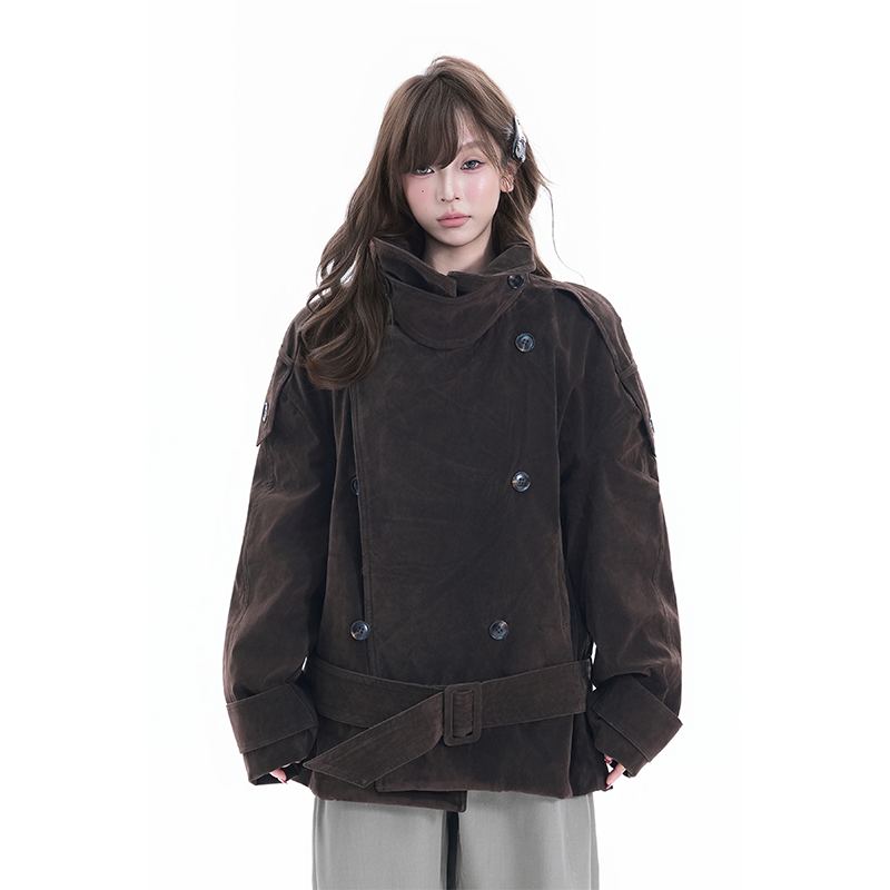 kk soul美式复古立领上衣短款大衣慵懒风麂皮秋冬棕色风衣外套女,女装/女士精品,风衣,淘宝优惠券,粉丝福利购,淘宝优惠卷