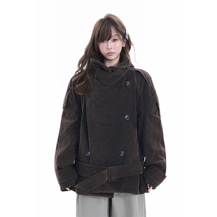 kk soul美式复古立领上衣羽绒服大衣慵懒风麂皮秋冬棕色风衣外套