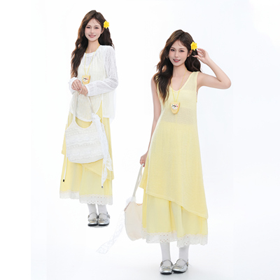 kk soul夏日度假风吊带连衣裙女叠穿蕾丝下摆半身裙防晒内搭罩衫