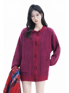 kk soul美式复古高级感红色针织开衫秋冬新款慵懒风宽松毛衣外套