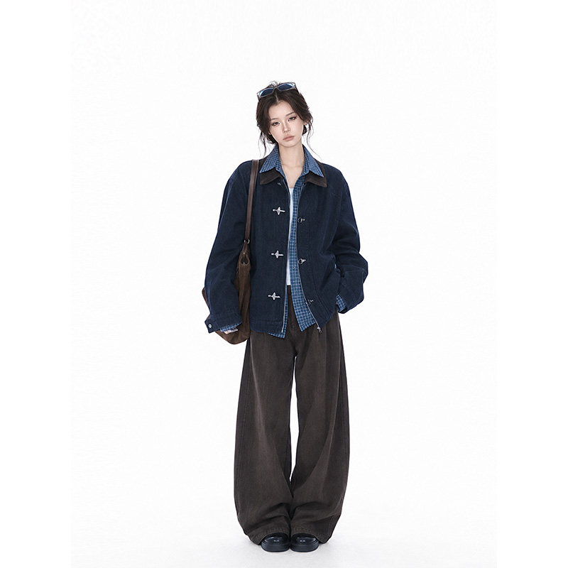 kk soul Vintage复古深蓝色牛仔夹克女宽松撞色翻领工装外套