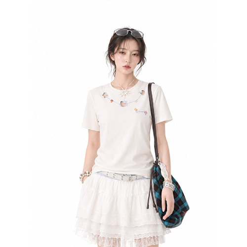 kk soul韩系甜美少女风镂空刺绣KT猫短袖T恤夏季简约百搭正肩上衣