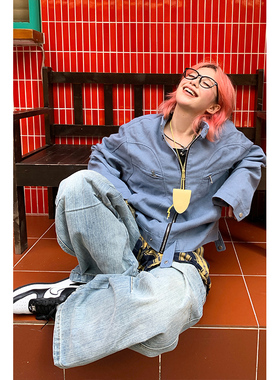 kk soul美式复古蓝色立领长袖夹克女秋季新款设计感宽松工装外套