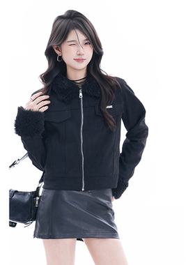 kk soul美式复古毛领拼接黑色短款夹克女秋冬新款设计感正肩外套