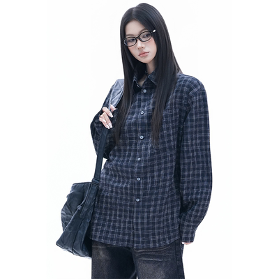 kk soul美式复古泡泡肌理感格子长袖衬衫早春高级感通勤休闲衬衣