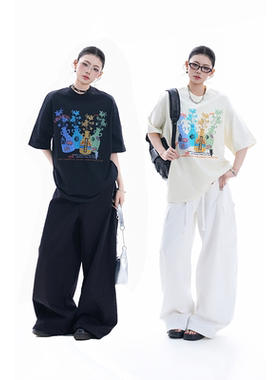 kk soul潮酷多巴胺彩色花瓶花卉印花短袖T恤慵懒松弛感圆领上衣潮