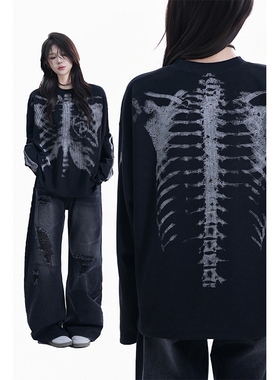 kk soul哥特风骷髅印花长袖T恤女街头潮牌做旧华格夫宽松圆领上衣