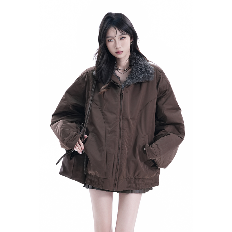 kk soul美式复古羊羔毛翻领棉衣冬季潮牌外套女冬季加厚棉服夹克