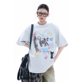 soul灰色慵懒风圆领趣味猫咪情侣短袖 ins设计感宽松T恤上衣甜