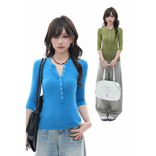 t恤女舒适弹力简约通勤内搭外穿上衣潮 修身 soul韩系半开领中袖