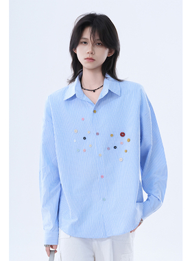 kk soul秋季甜美风蓝色竖条纹长袖设计感衬衫女美式宽松可爱衬衣