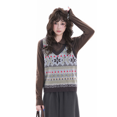 kk soul复古拼色提花费尔岛V领针织马甲女秋冬日系学院风无袖背心