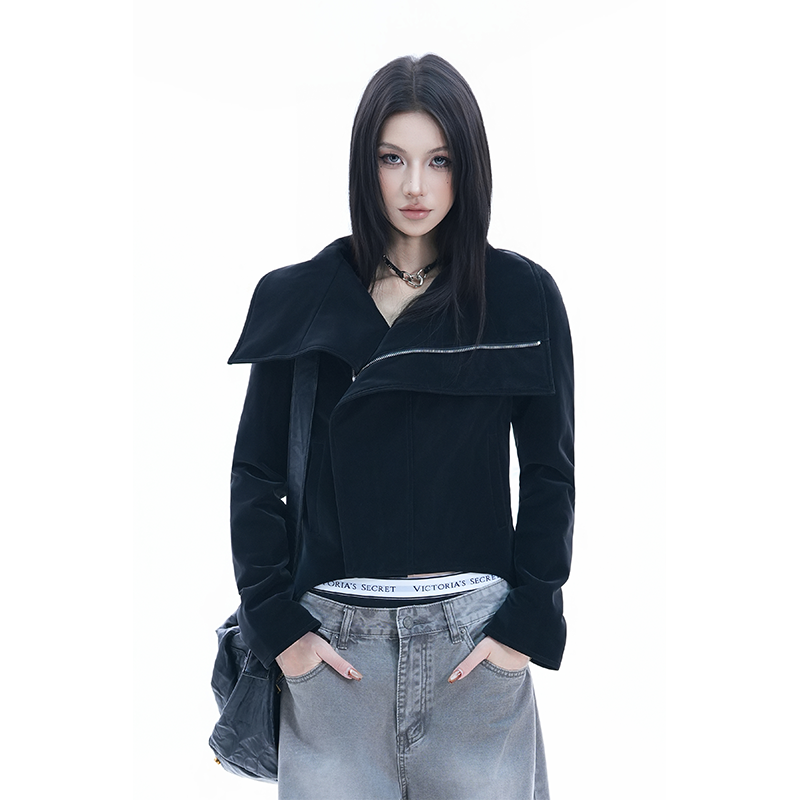 kk soul美式辣妹麂皮绒翻领修身辣妹外套拉链小众高级设计感夹克,女装/女士精品,短外套,淘宝优惠券,粉丝福利购,淘宝优惠卷