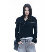 辣妹麂皮绒翻领修身 soul美式 辣妹外套拉链小众高级设计感夹克