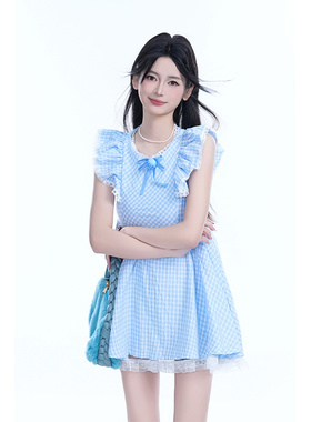 kk soul蓝色格纹夏季飞飞袖蕾丝修身显瘦连衣裙小众设计感短裙