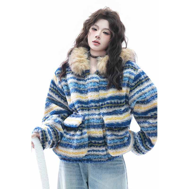 kk soul费尔岛羊羔毛毛领棉服外套女冬季慵懒氛围感加绒加厚棉衣