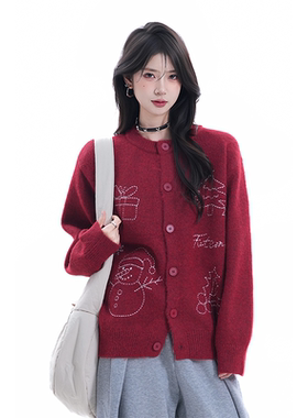 kk soul美式圣诞款红色毛衣女秋冬新款潮牌涂鸦设计针织开衫上衣