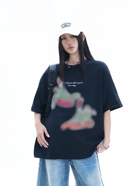 kk soul美式创意模糊手势字母印花圆领短袖T恤男女休闲宽松上衣潮