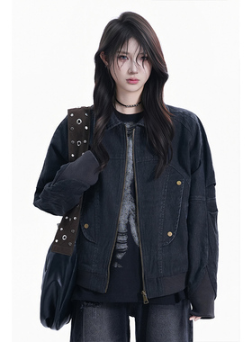 kk soul美式复古水洗做旧黑色翻领外套女秋季小众设计感夹克上衣