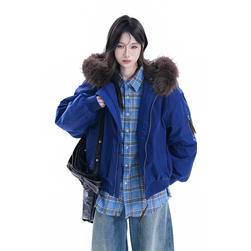 kk soul冬季新款加厚保暖毛领连帽棉服外套女美式复古蓝色派客服
